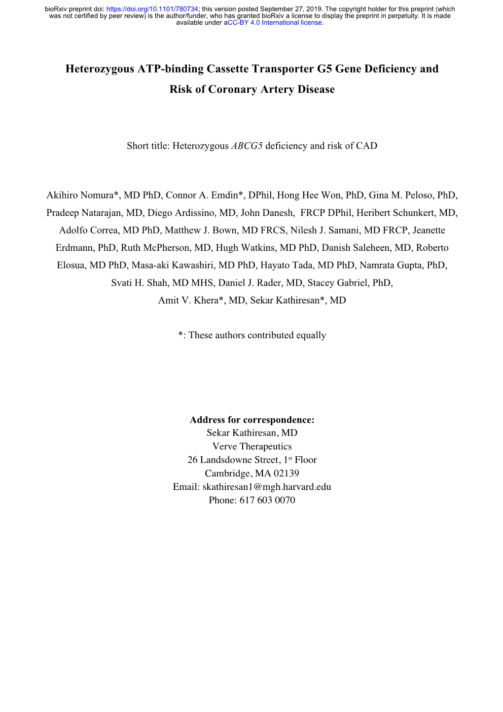 Heterozygous ATP-Binding Cassette Transporter G5 Gene Deficiency and Risk of Coronary Artery Disease