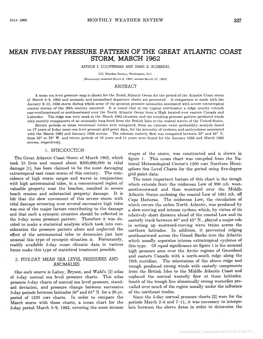 Mean Five-Day Pressure Pattern of the Great Atlantic Coast Storm, March 1962 Arthur I