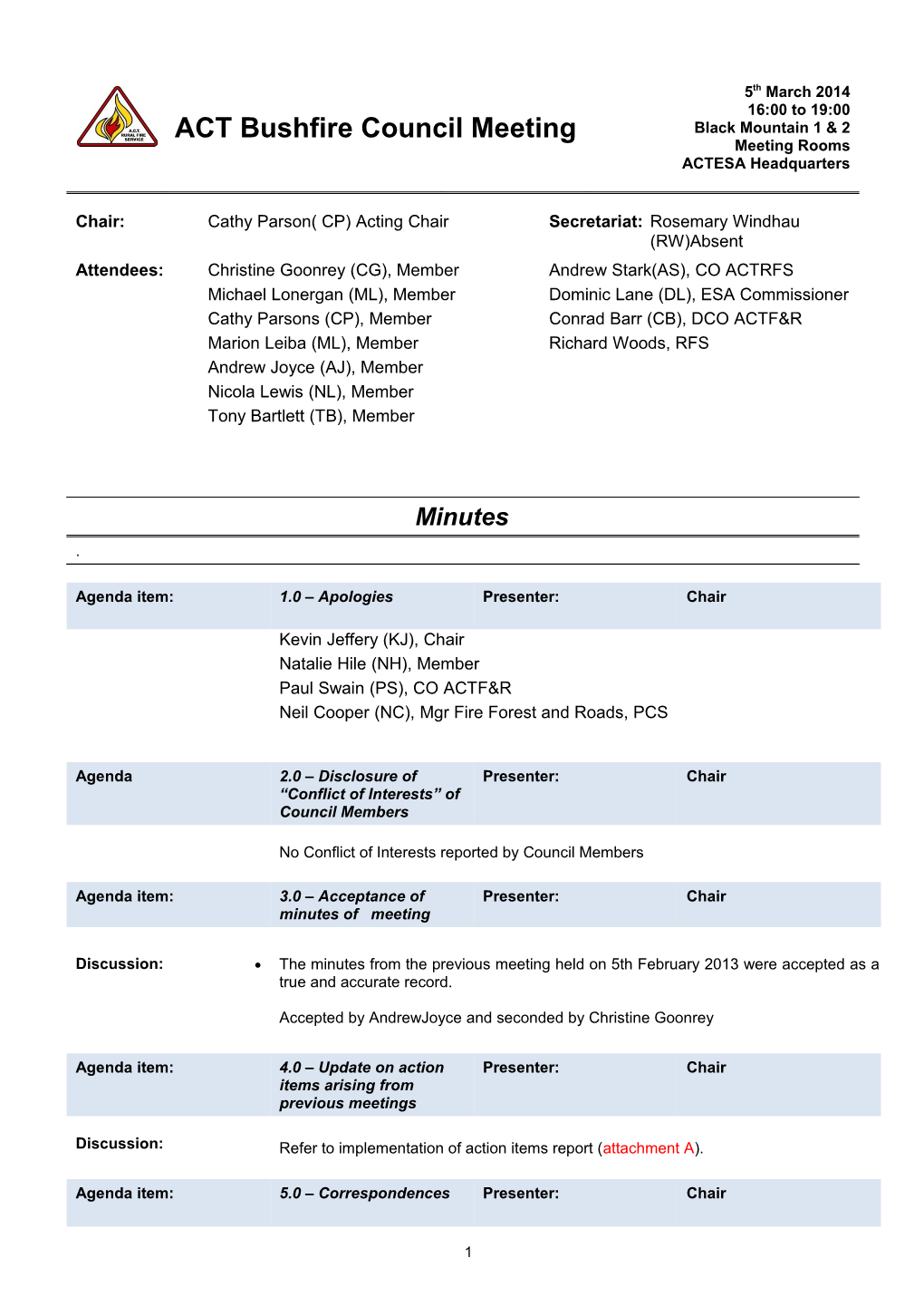 ACT Bushfire Council Meeting