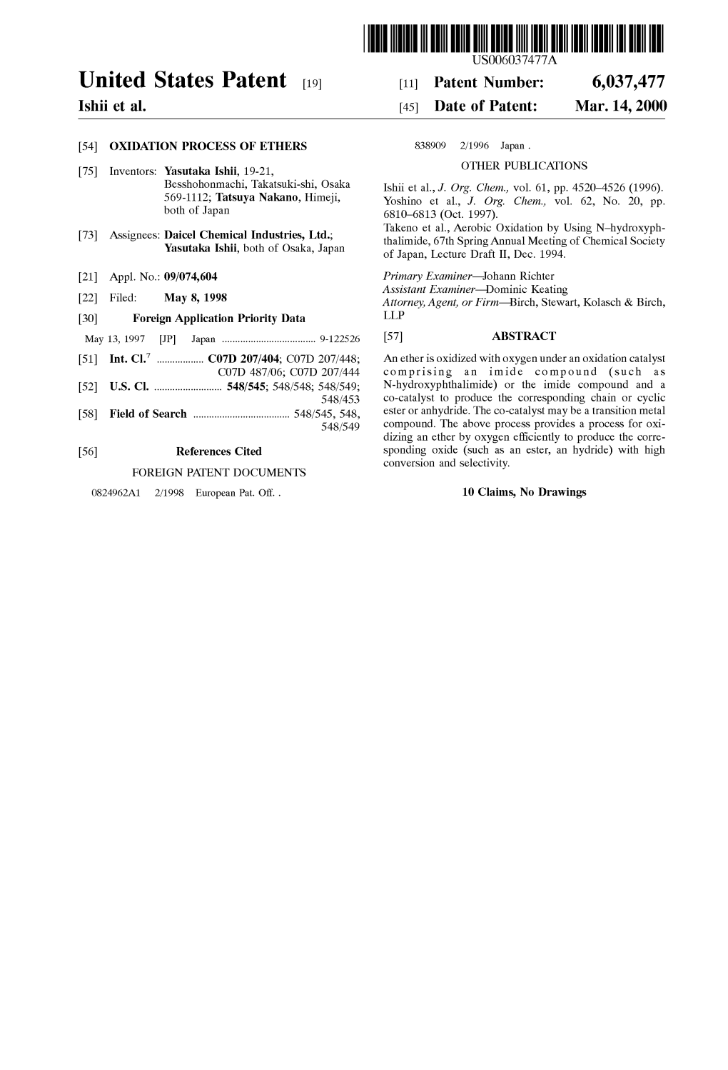 United States Patent (19) 11 Patent Number: 6,037,477 Ishii Et Al