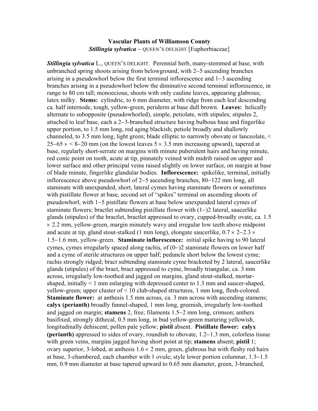 Vascular Plants of Williamson County Stillingia Sylvatica − QUEEN’S DELIGHT [Euphorbiaceae]