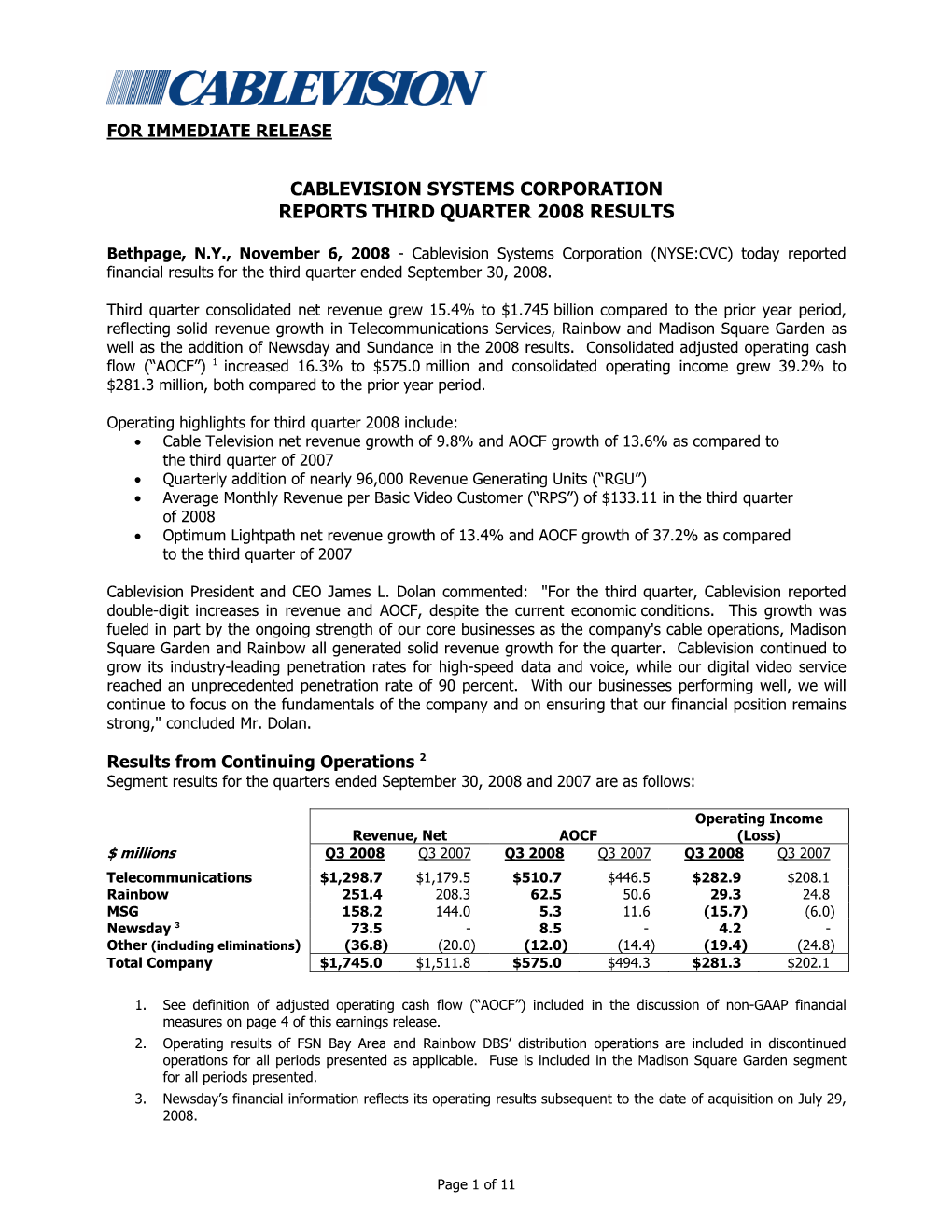Cablevision Systems Corporation Reports Third Quarter 2008 Results