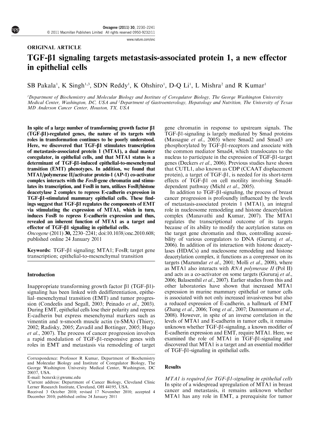 TGF-Β1 Signaling Targets Metastasis-Associated Protein 1, a New Effector in Epithelial Cells