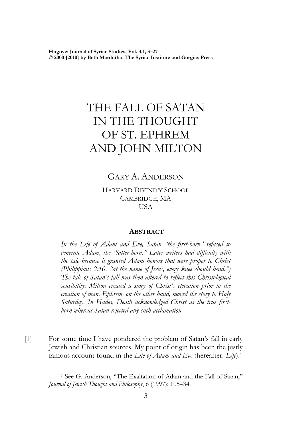 The Fall of Satan in the Thought of St. Ephrem and John Milton