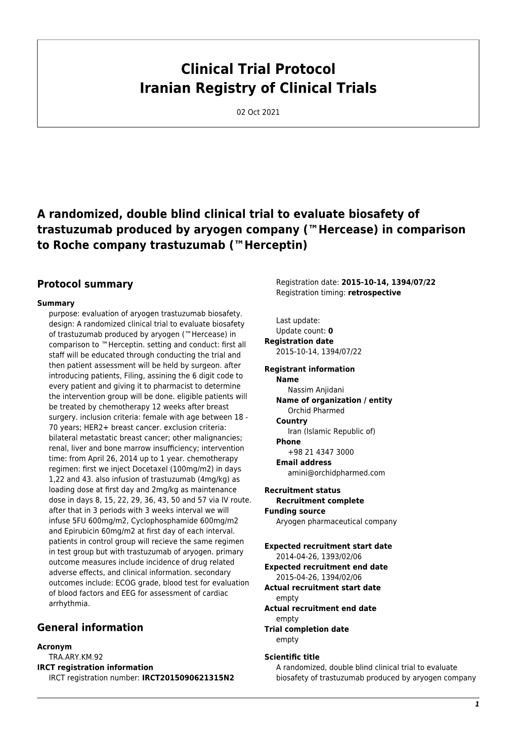 Clinical Trial Protocol Iranian Registry of Clinical Trials