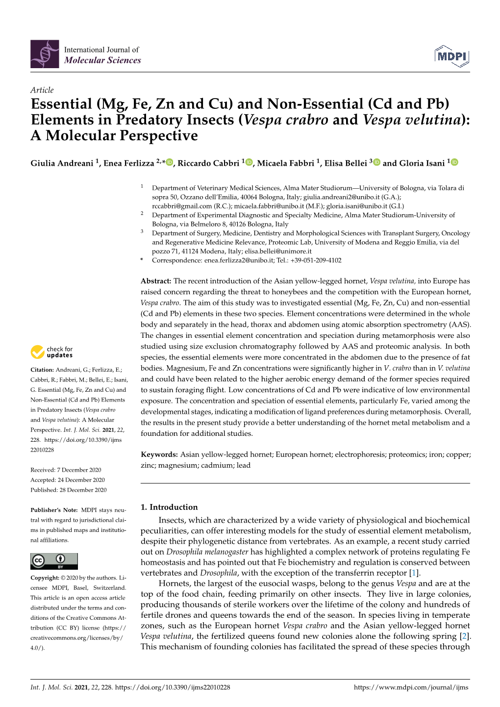 Essential (Mg, Fe, Zn and Cu) and Non-Essential (Cd and Pb) Elements in Predatory Insects (Vespa Crabro and Vespa Velutina): a Molecular Perspective