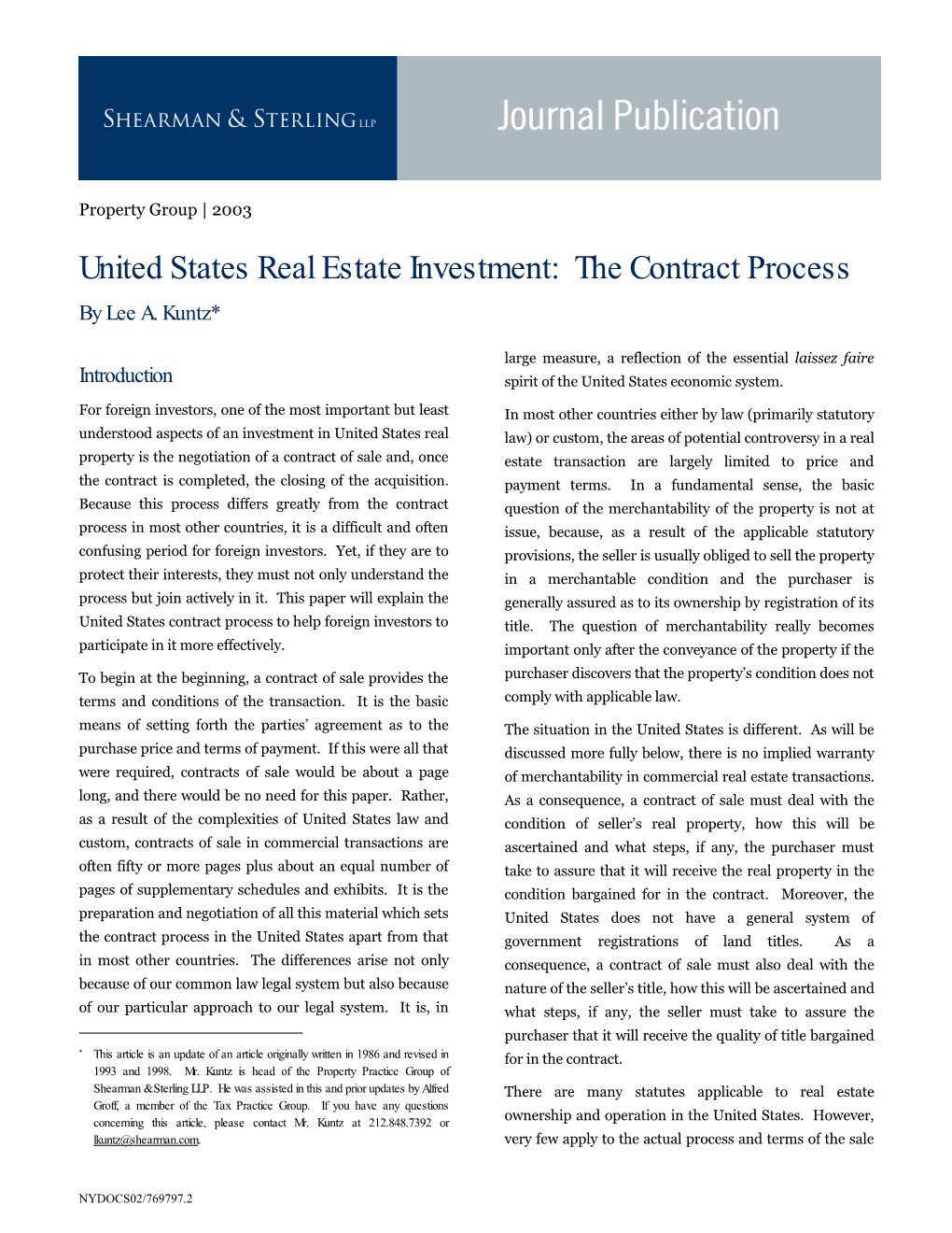 United States Real Estate Investment: the Contract Process by Lee A