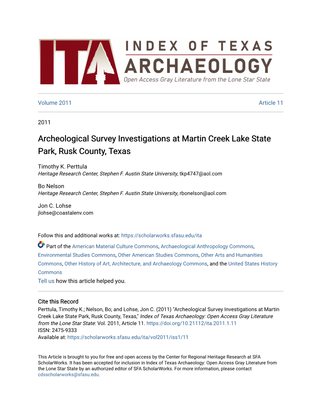Archeological Survey Investigations at Martin Creek Lake State Park, Rusk County, Texas