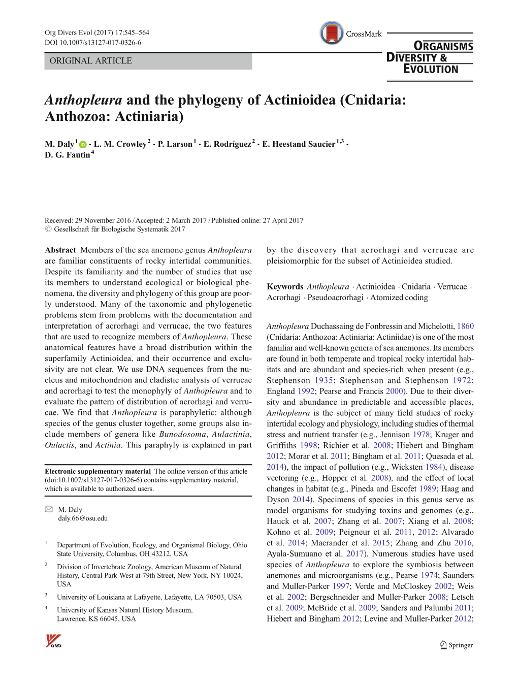 Anthopleura and the Phylogeny of Actinioidea (Cnidaria: Anthozoa: Actiniaria)