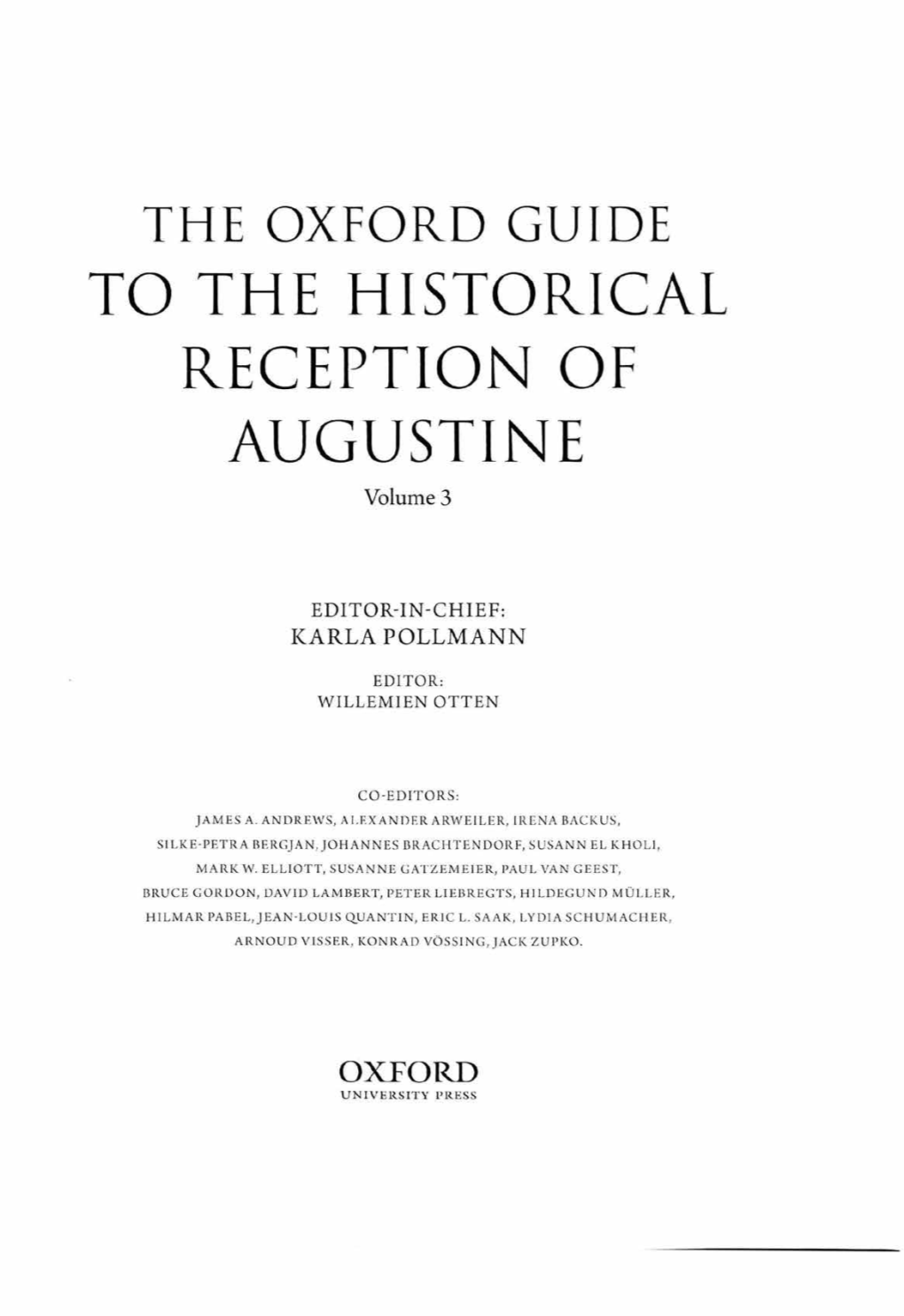 TO the HISTORICAL RECEPTION of AUGUSTINE Volume 3