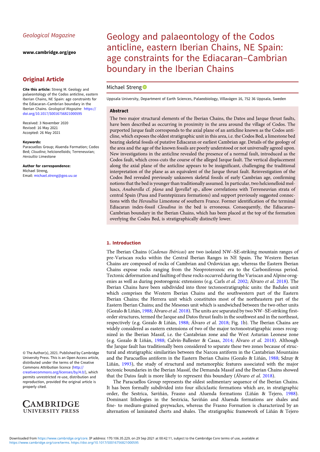 Geology and Palaeontology of the Codos Anticline, Eastern Iberian Chains, NE Spain: Age Constraints for the Ediacaran-Cambrian B