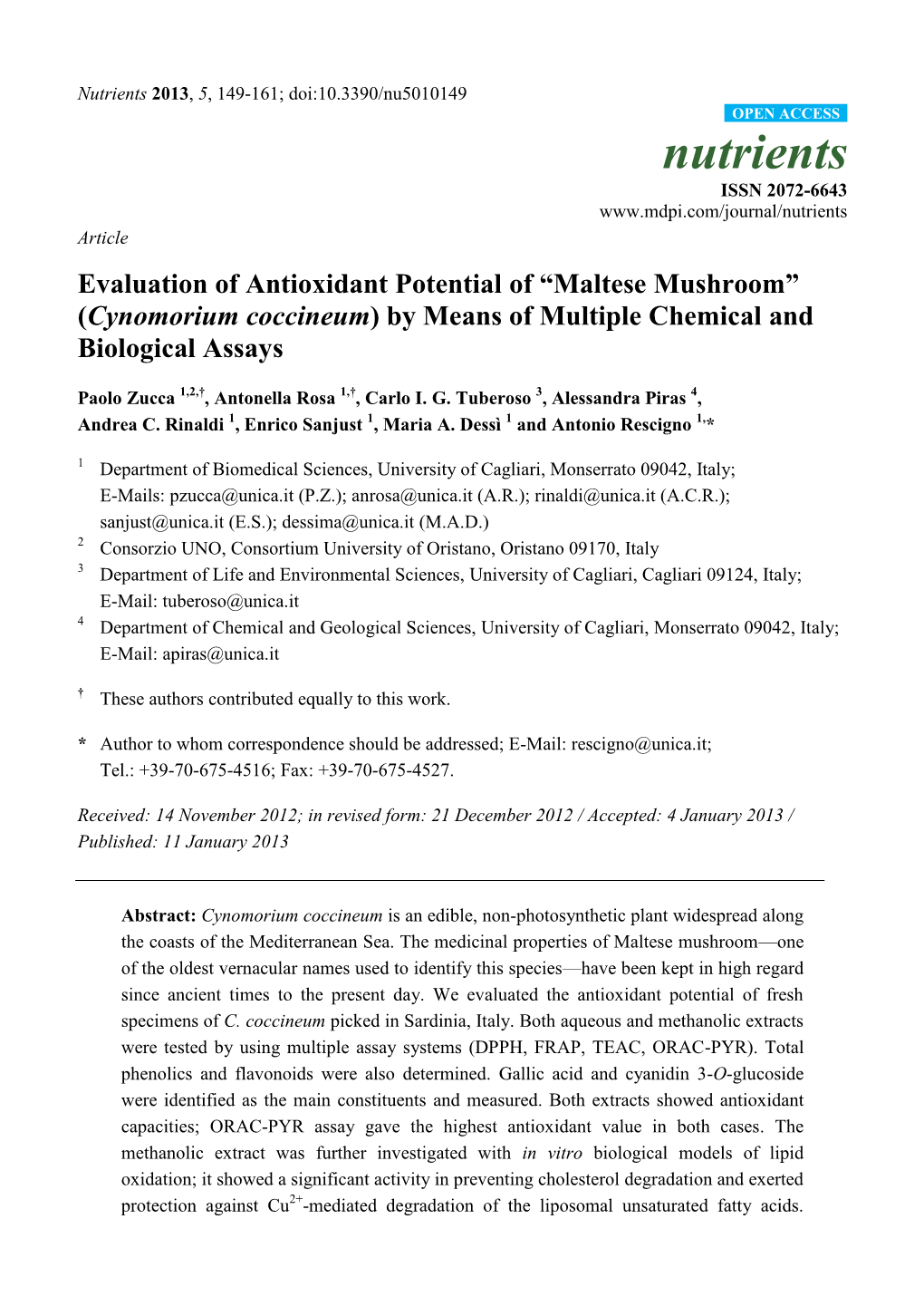 “Maltese Mushroom” (Cynomorium Coccineum) by Means of Multiple Chemical and Biological Assays