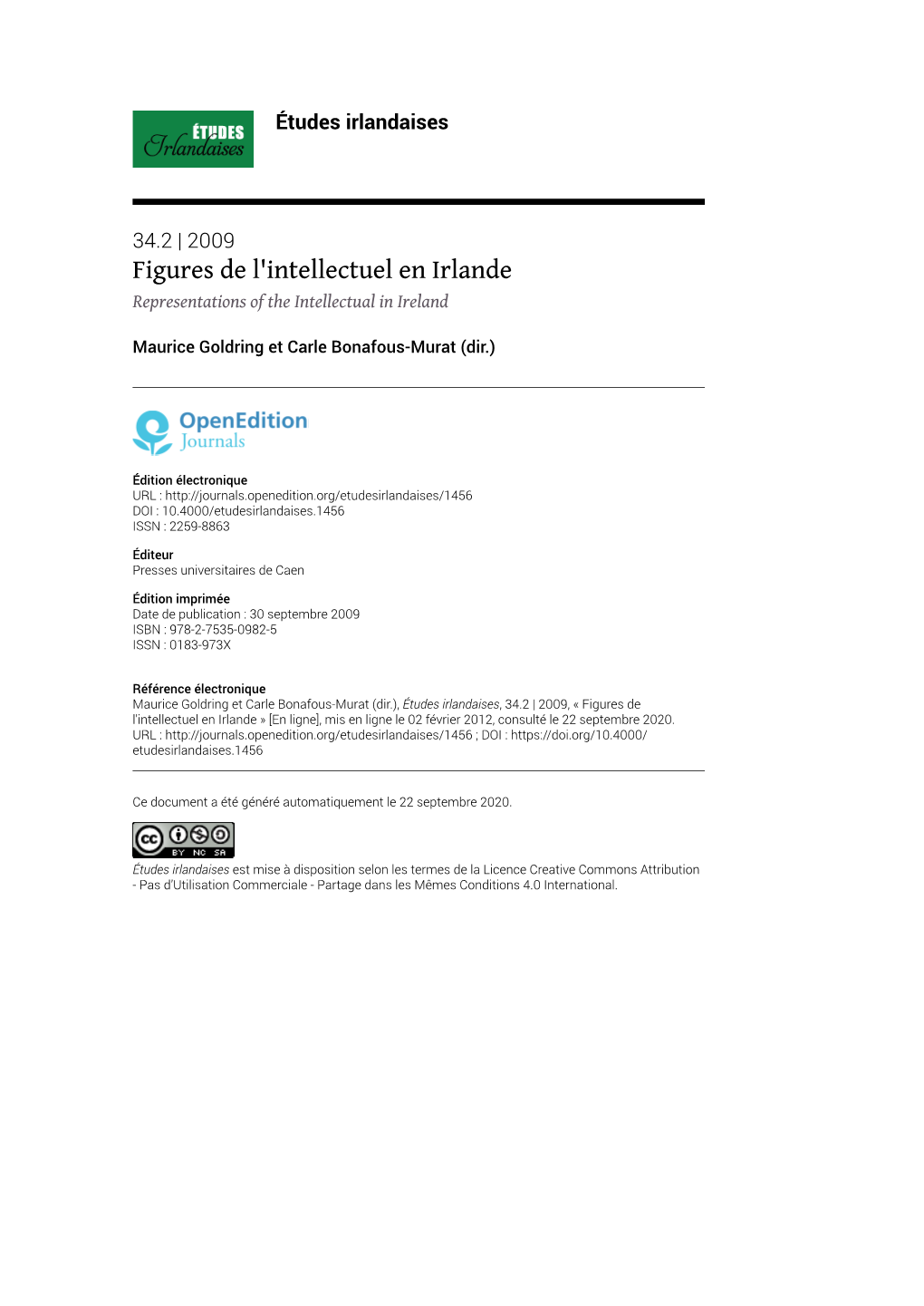 Études Irlandaises, 34.2 | 2009, « Figures De L'intellectuel En Irlande » [En Ligne], Mis En Ligne Le 02 Février 2012, Consulté Le 22 Septembre 2020