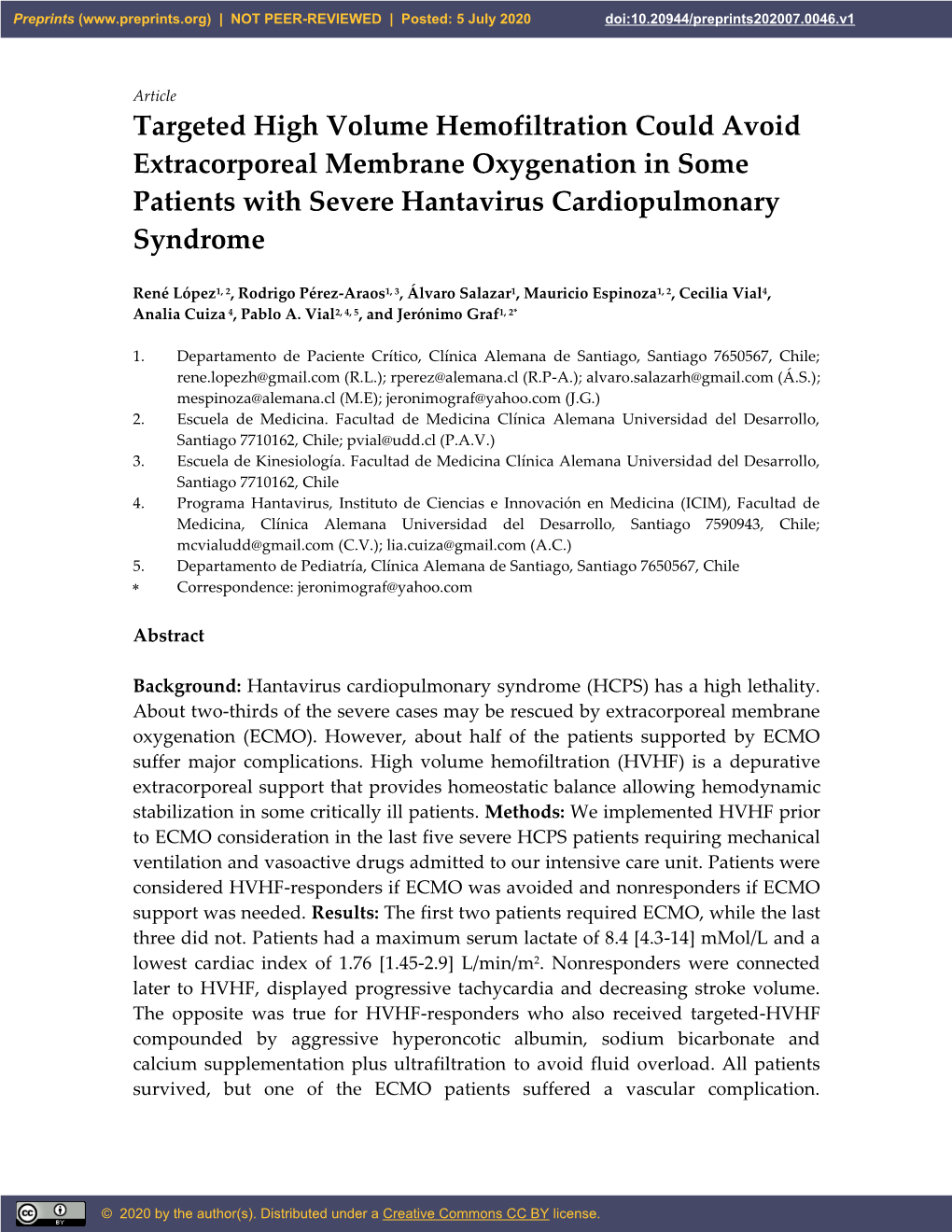 Targeted High Volume Hemofiltration Could Avoid Extracorporeal Membrane Oxygenation in Some Patients with Severe Hantavirus Cardiopulmonary Syndrome