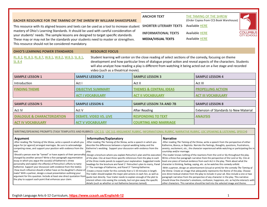 Eacher Resource for the Taming of the Shrew by William Shakespeare Anchor Text