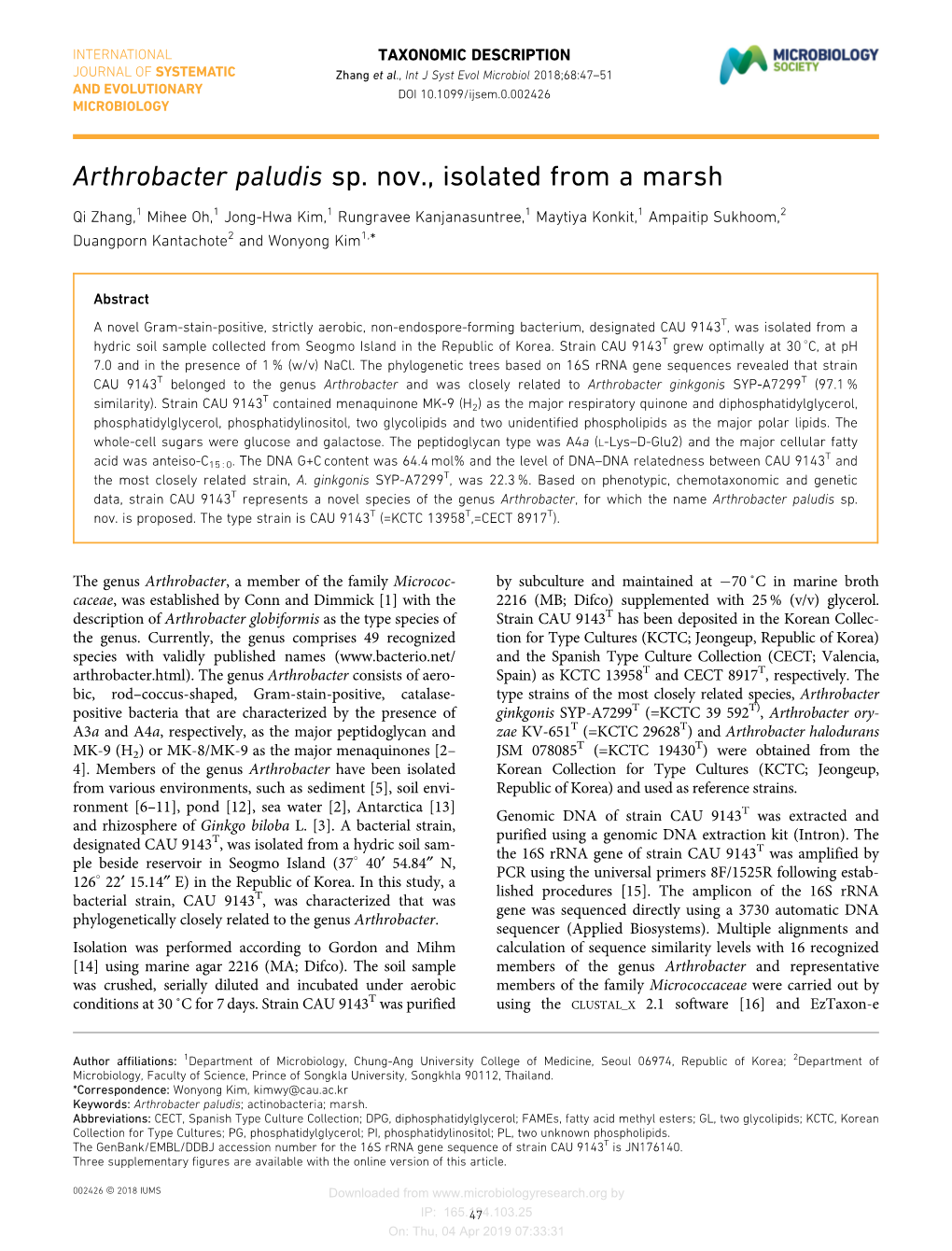 Arthrobacter Paludis Sp. Nov., Isolated from a Marsh