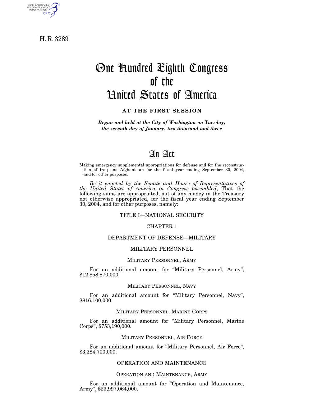 One Hundred Eighth Congress of the United States of America