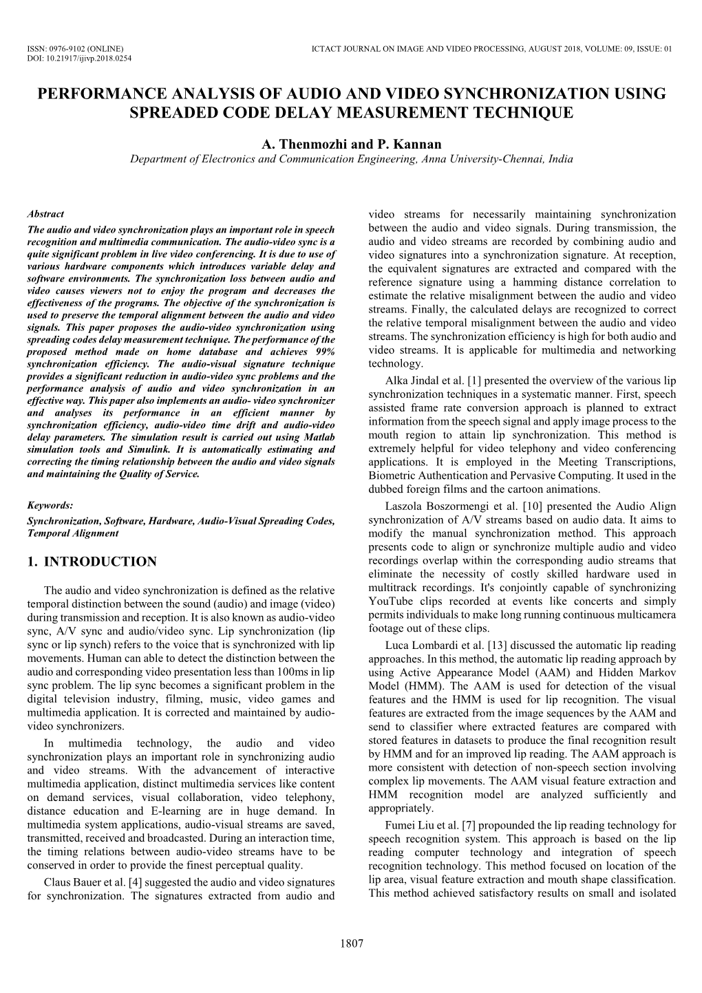 Performance Analysis of Audio and Video Synchronization Using Spreaded Code Delay Measurement Technique