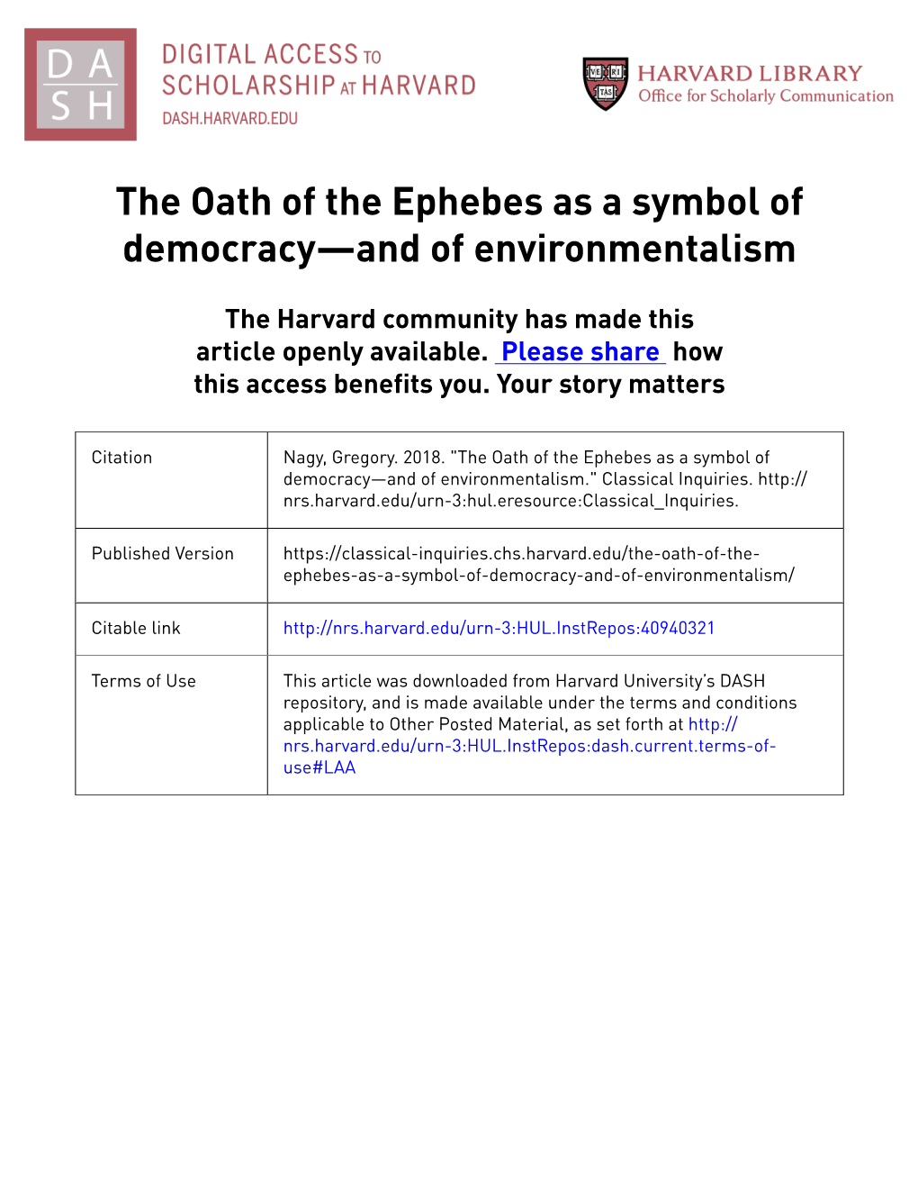 The Oath of the Ephebes As a Symbol of Democracy—And of Environmentalism