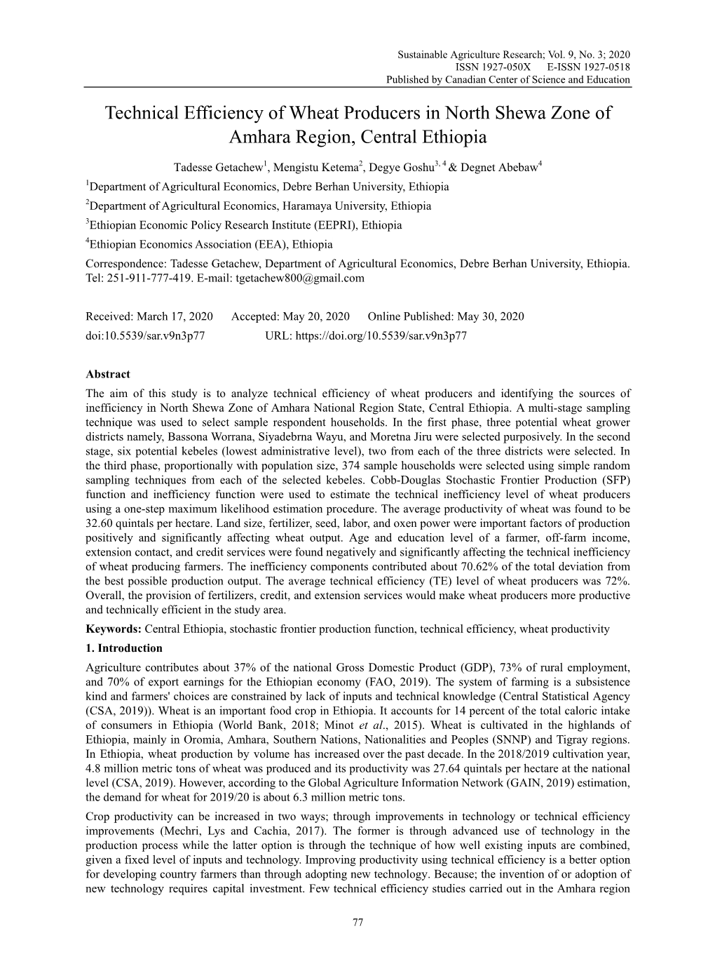 Technical Efficiency of Wheat Producers in North Shewa Zone of Amhara Region, Central Ethiopia