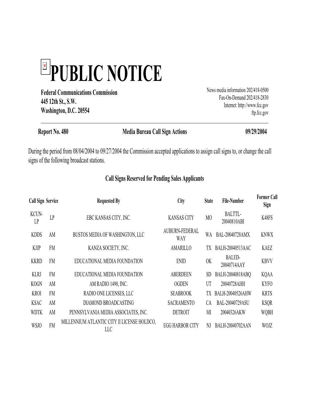 PUBLIC NOTICE Federal Communications Commission News Media Information 202/418-0500 Fax-On-Demand 202/418-2830 445 12Th St., S.W