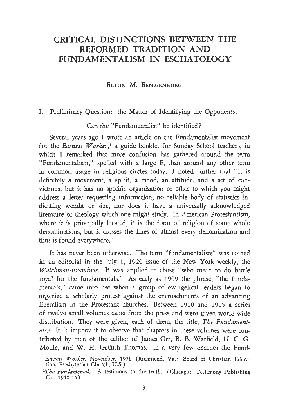 Critical Distinctions Between the Reformed Tradition and Fundamentalism in Eschatology