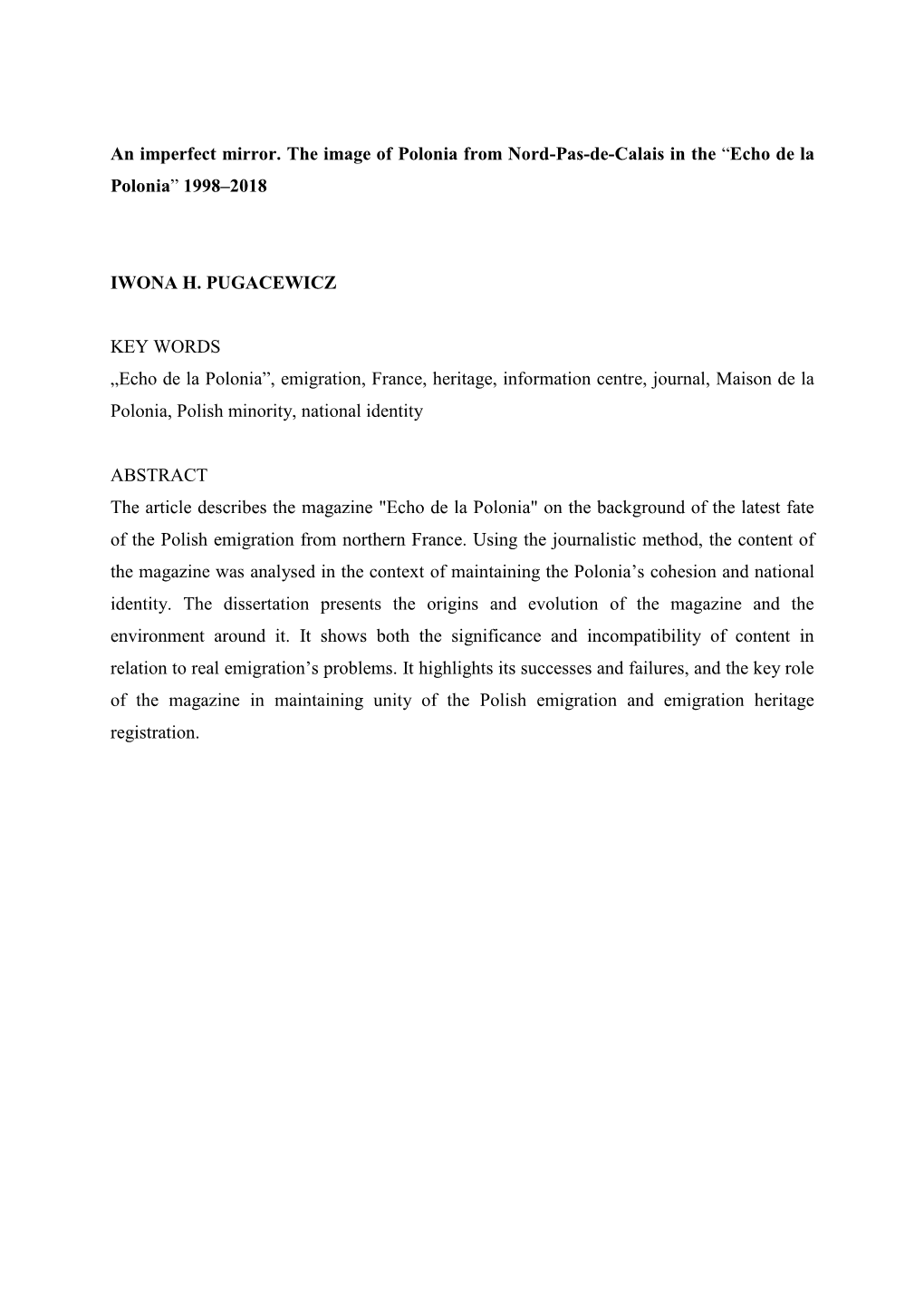 An Imperfect Mirror. the Image of Polonia from Nord-Pas-De-Calais in the “Echo De La Polonia” 1998–2018