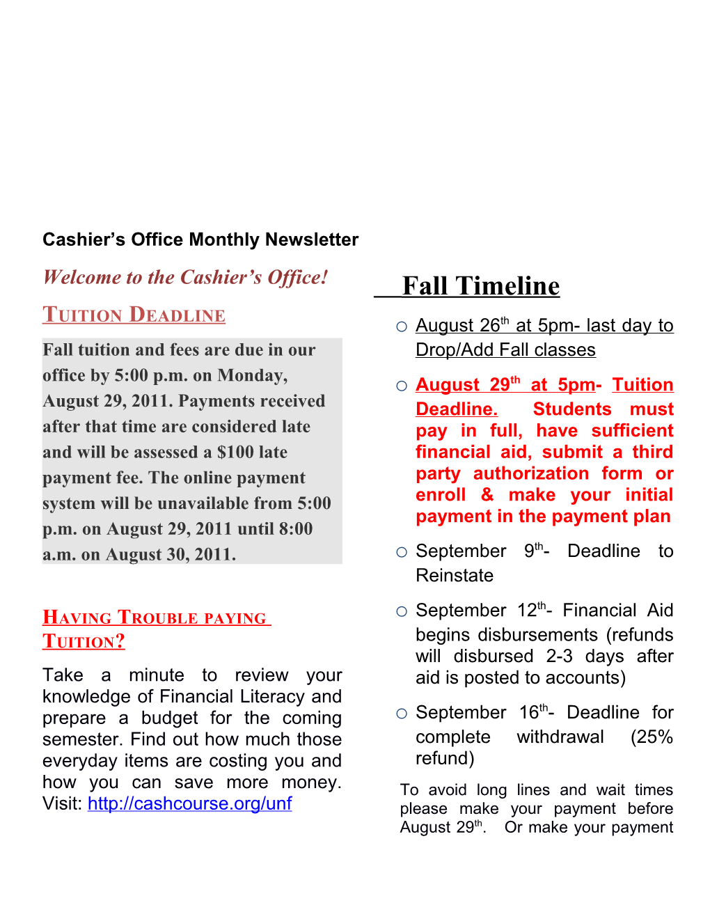 Cashier S Office Monthly Newsletter