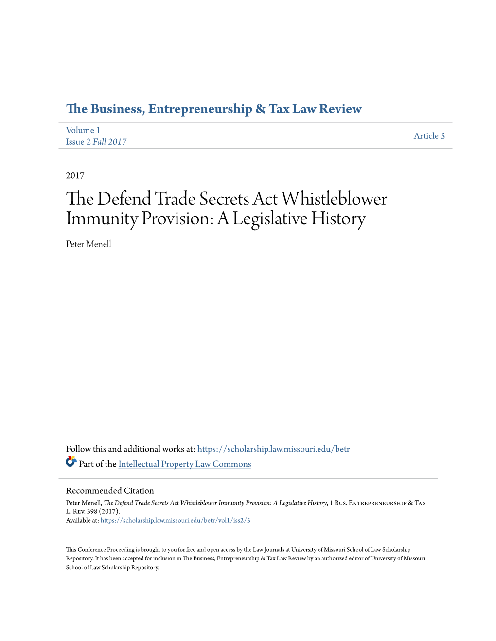 The Defend Trade Secrets Act Whistleblower Immunity Provision: a Legislative History, 1 Bus