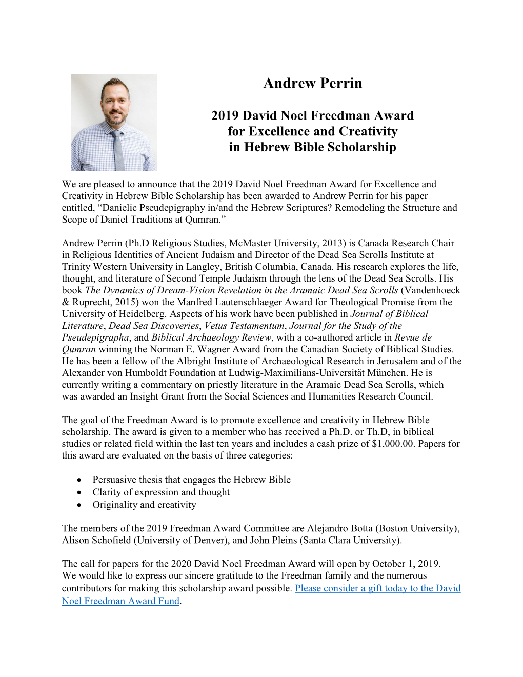 Andrew Perrin 2019 David Noel Freedman Award for Excellence