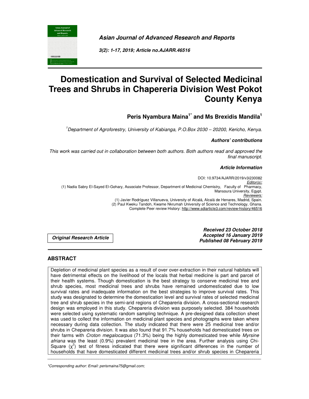 Domestication and Survival of Selected Medicinal Trees and Shrubs in Chapereria Division West Pokot County Kenya