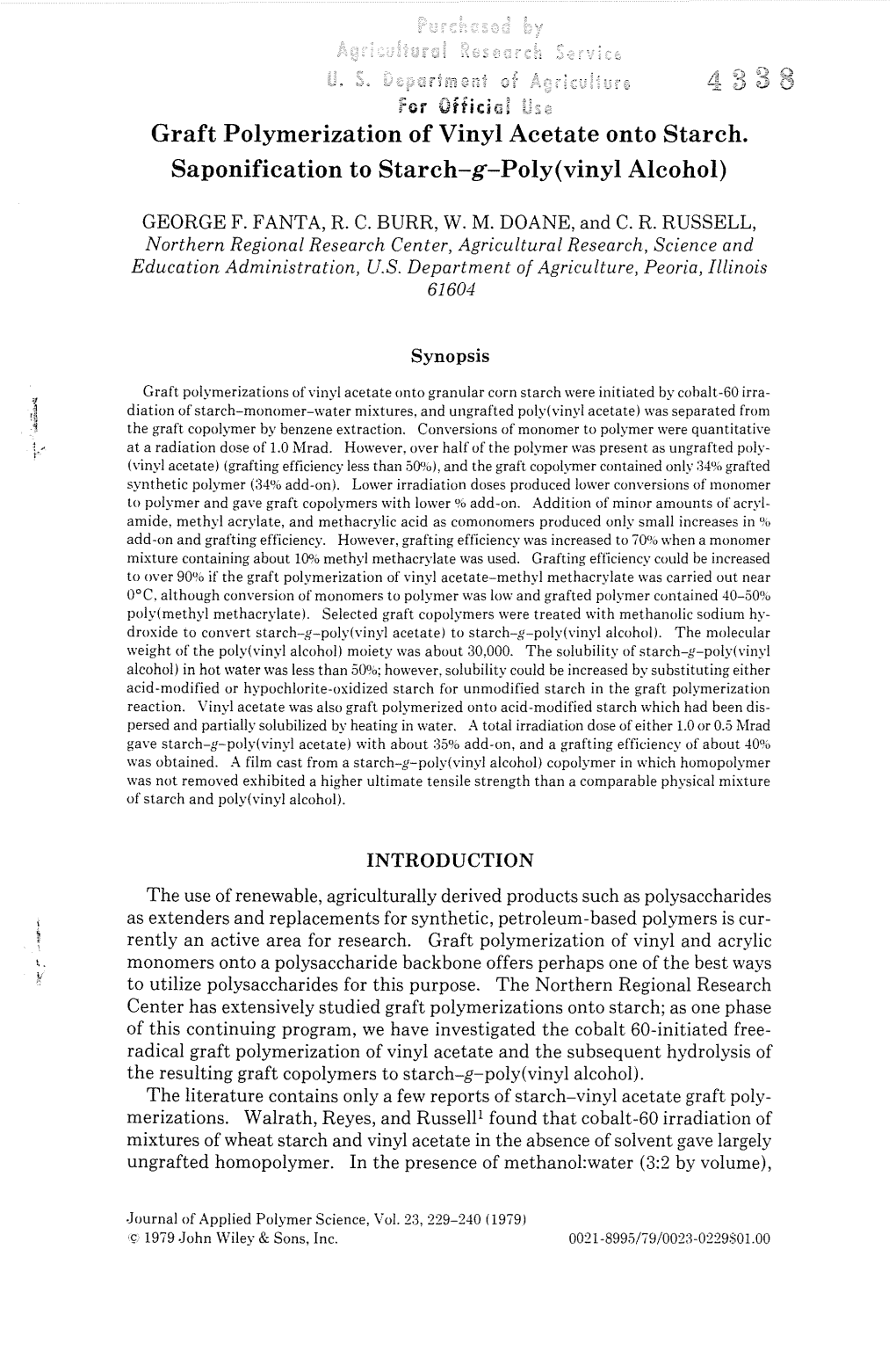 Graft Polymerization of Vinyl Acetate Onto Starch. Saponification to Starch-G-Poly(Vinyl Alcohol)