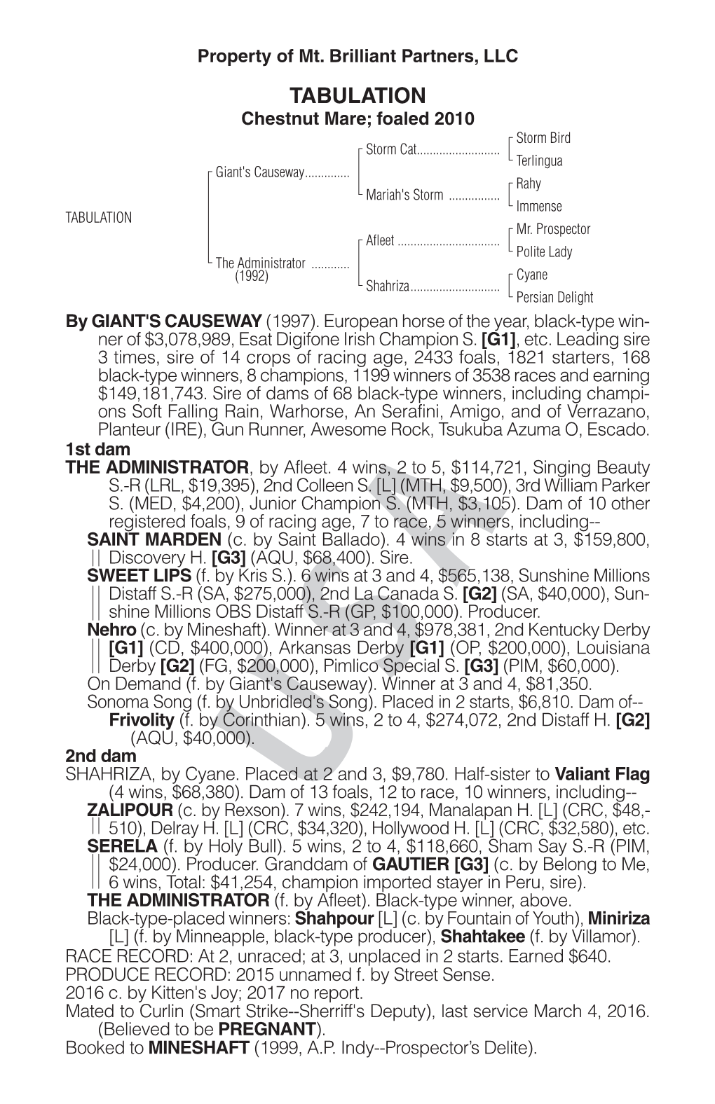 TABULATION Chestnut Mare; Foaled 2010 Storm Bird Storm Cat