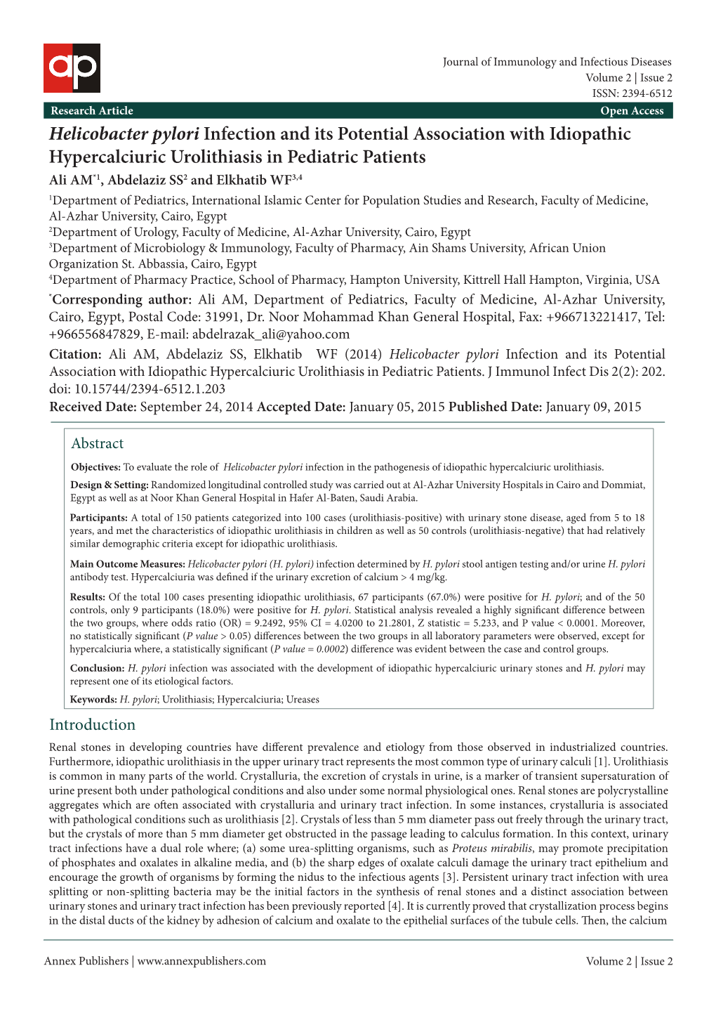 Helicobacter Pylori Infection and Its Potential Association with Idiopathic