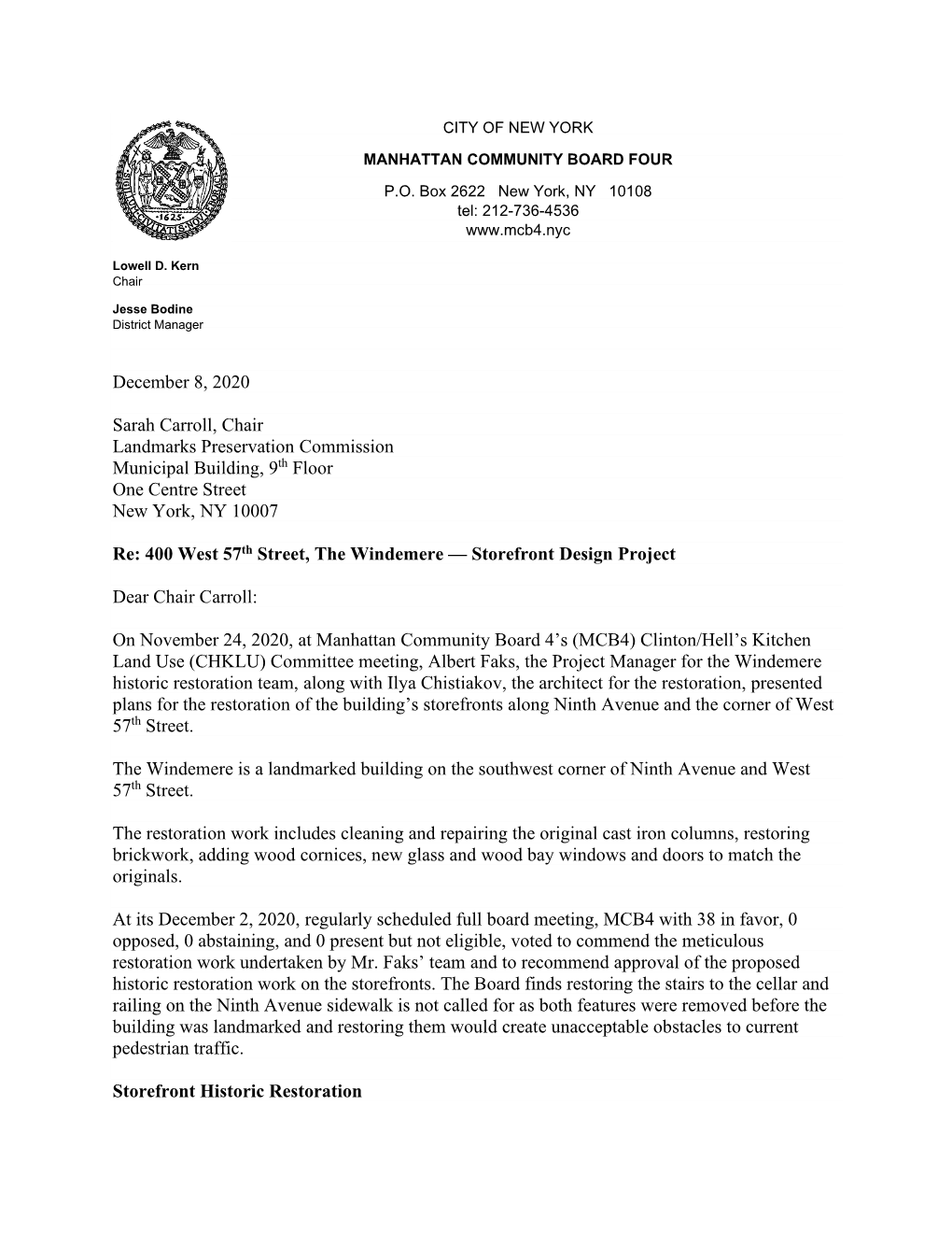 December 8, 2020 Sarah Carroll, Chair Landmarks Preservation Commission Municipal Building, 9Th Floor One Centre Street New York