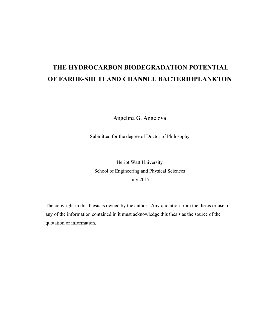 The Hydrocarbon Biodegradation Potential of Faroe-Shetland Channel Bacterioplankton