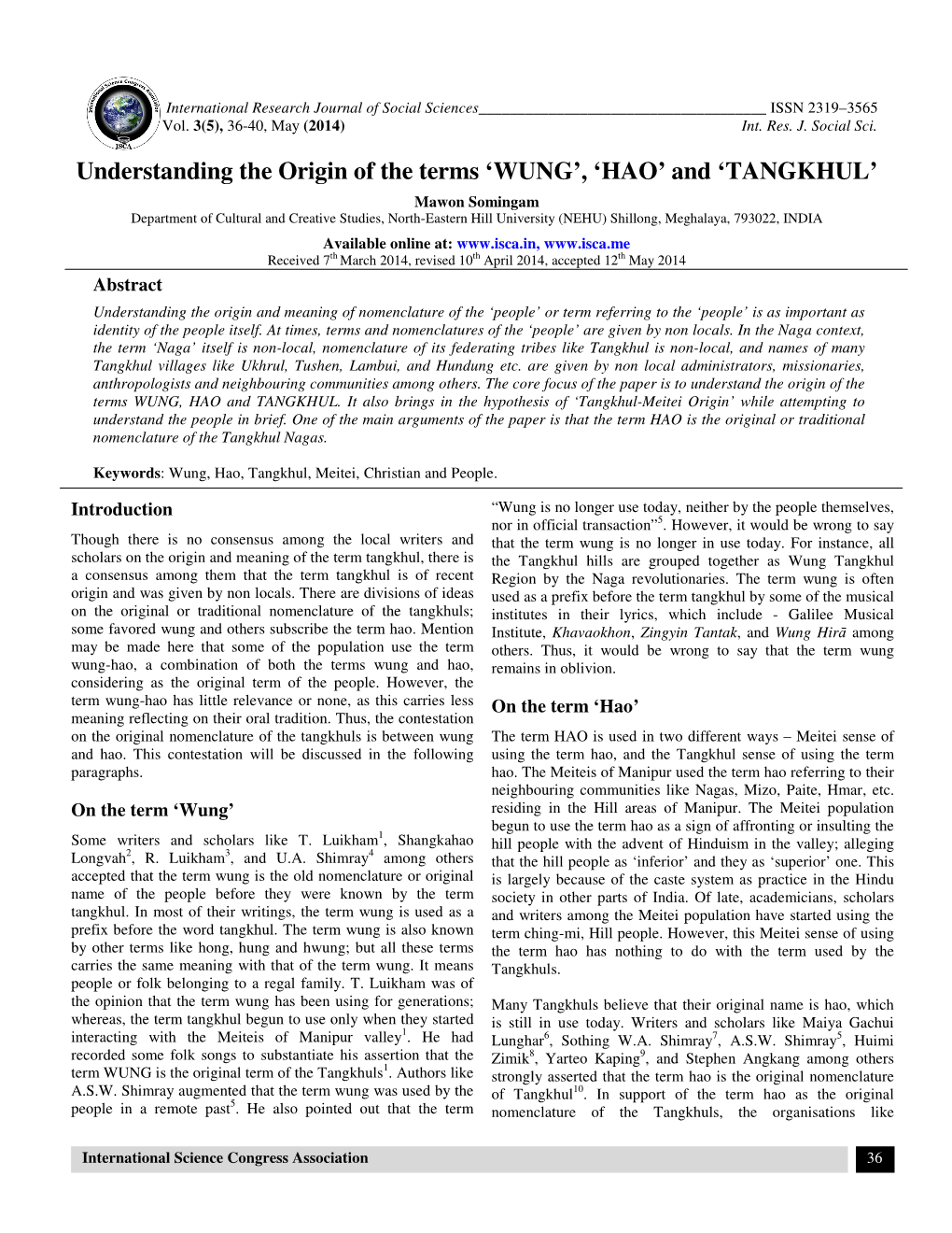 Understanding the Origin of the Terms 'WUNG', 'HAO' and 'TANGKHUL'