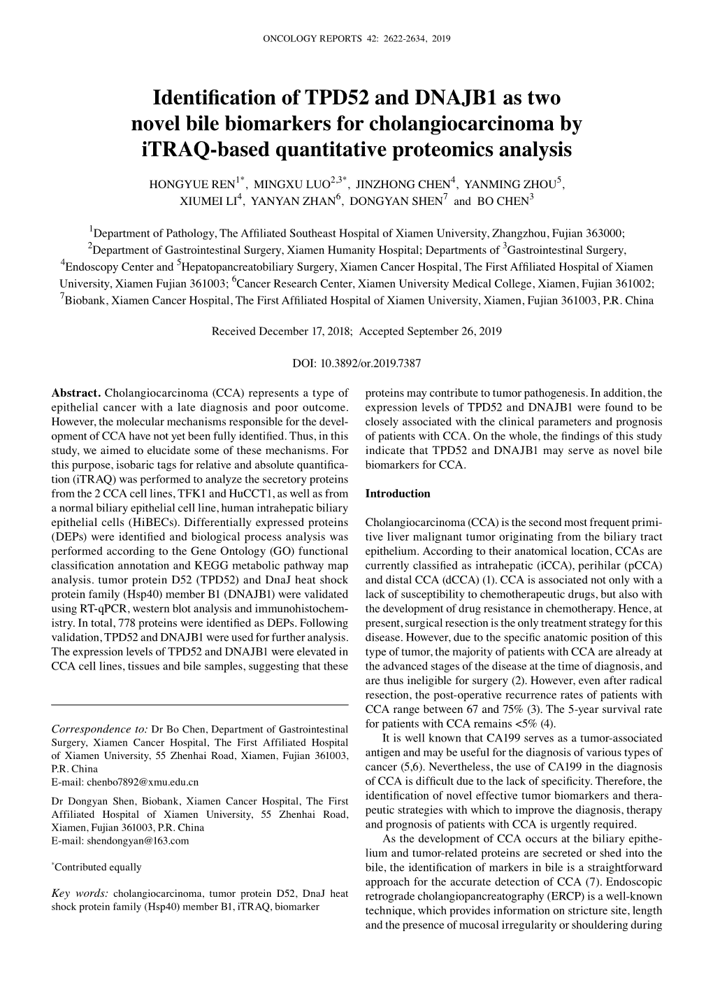 Identification of TPD52 and DNAJB1 As Two Novel Bile Biomarkers for Cholangiocarcinoma by Itraq‑Based Quantitative Proteomics Analysis