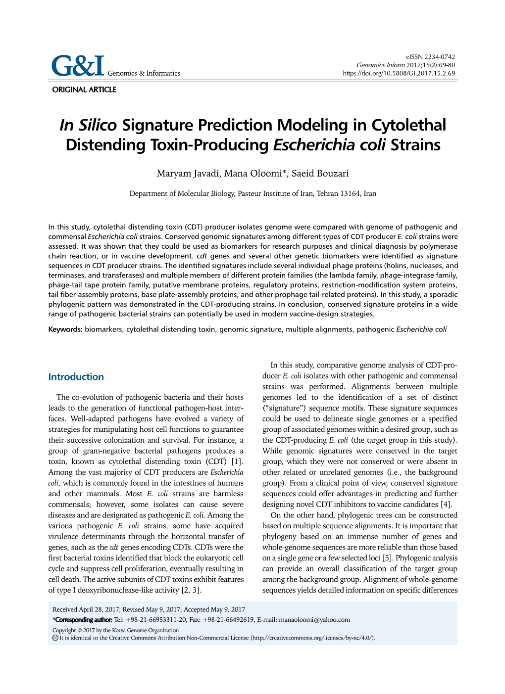 In Silico Signature Prediction Modeling in Cytolethal Distending Toxin-Producing Escherichia Coli Strains