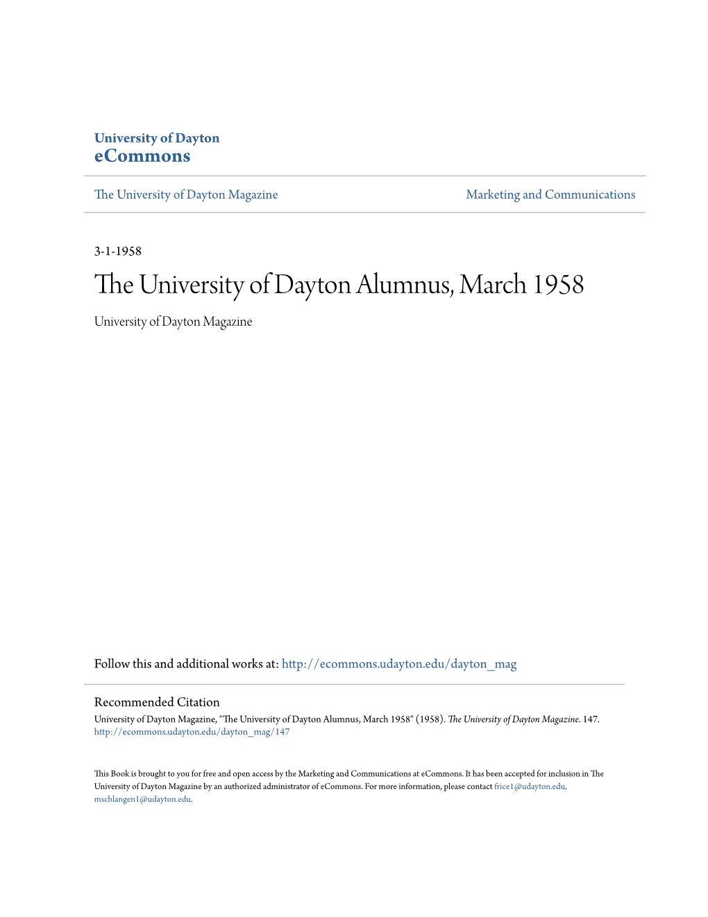 The University of Dayton Alumnus, March 1958