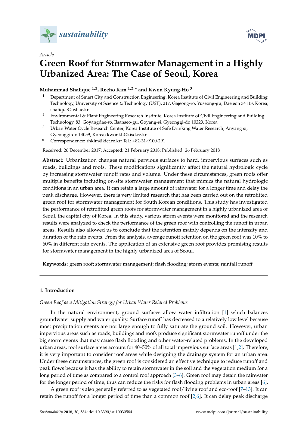 Green Roof for Stormwater Management in a Highly Urbanized Area: the Case of Seoul, Korea