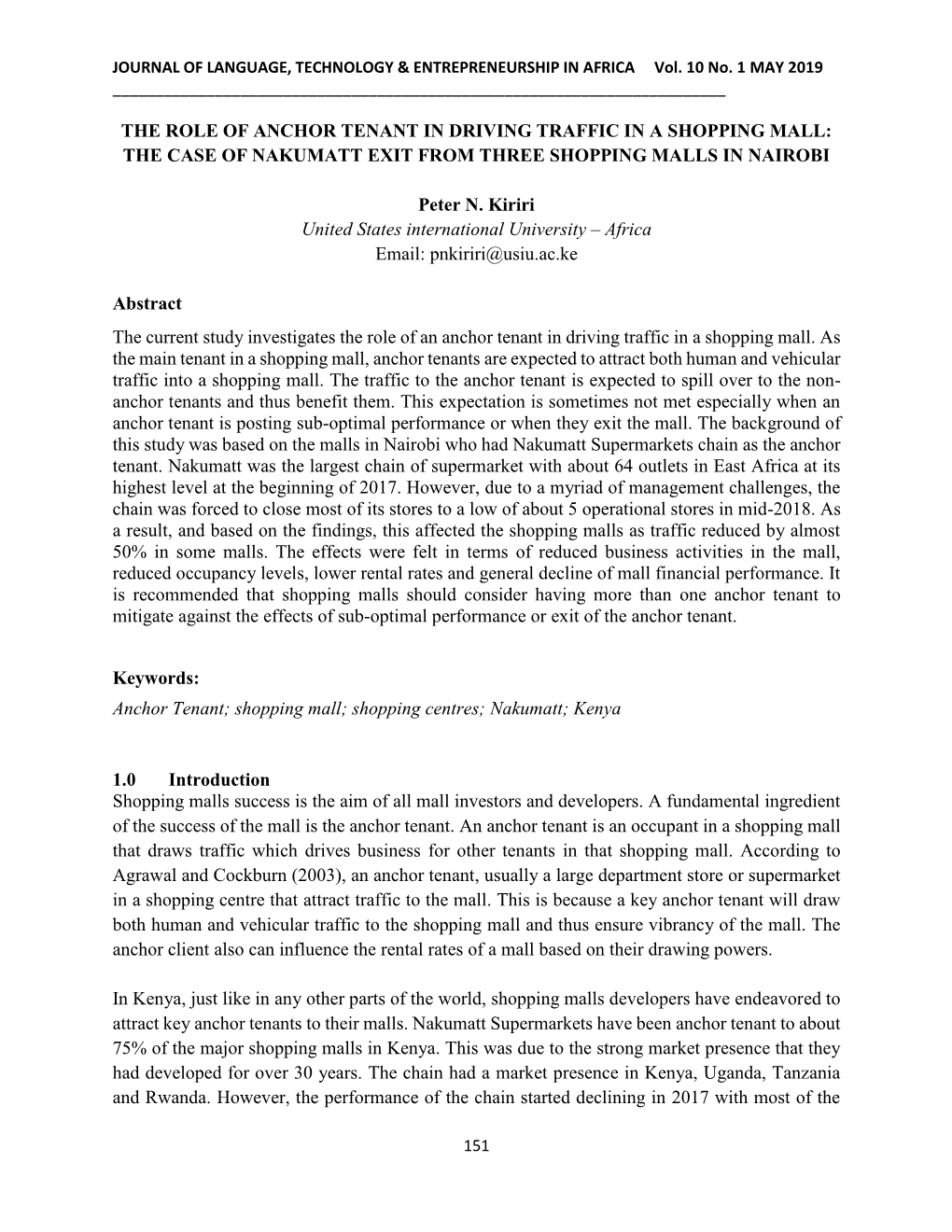 The Role of Anchor Tenant in Driving Traffic in a Shopping Mall: the Case of Nakumatt Exit from Three Shopping Malls in Nairobi