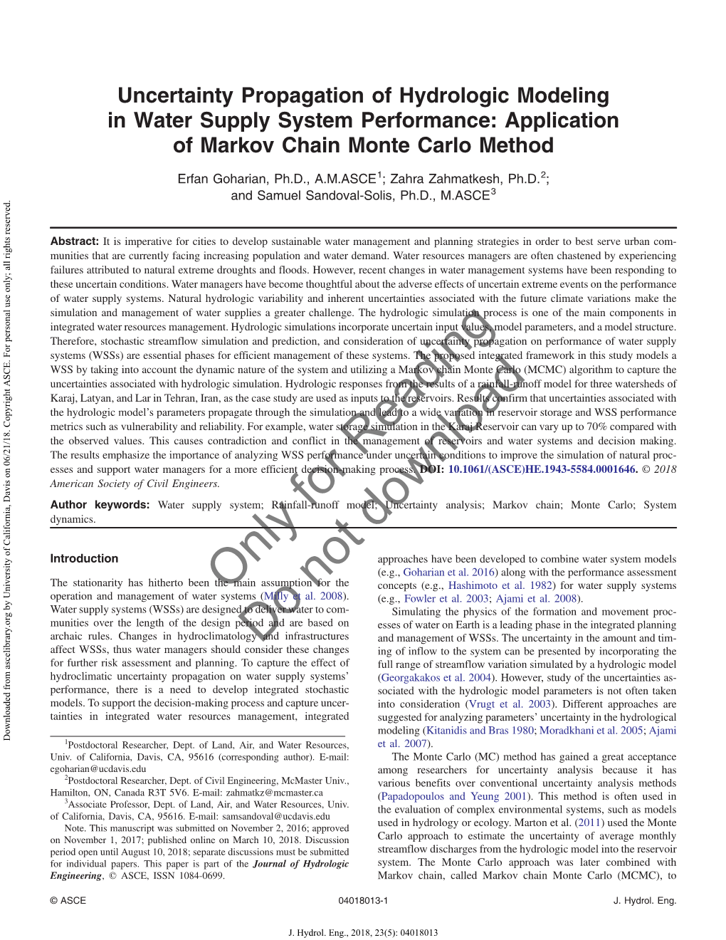 Uncertainty Propagation of Hydrologic Modeling in Water Supply System Performance: Application of Markov Chain Monte Carlo Method