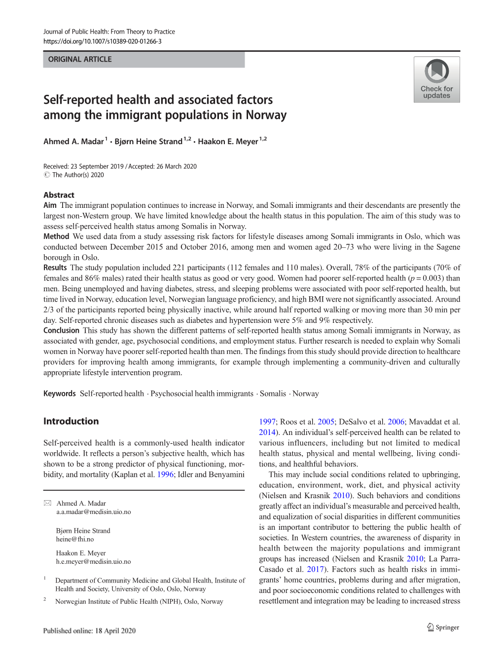 Self-Reported Health and Associated Factors Among the Immigrant Populations in Norway