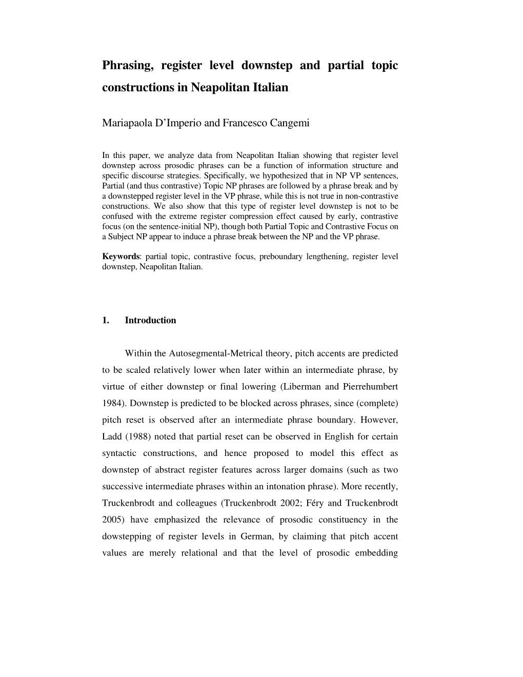 Phrasing, Register Level Downstep and Partial Topic Constructions in Neapolitan Italian