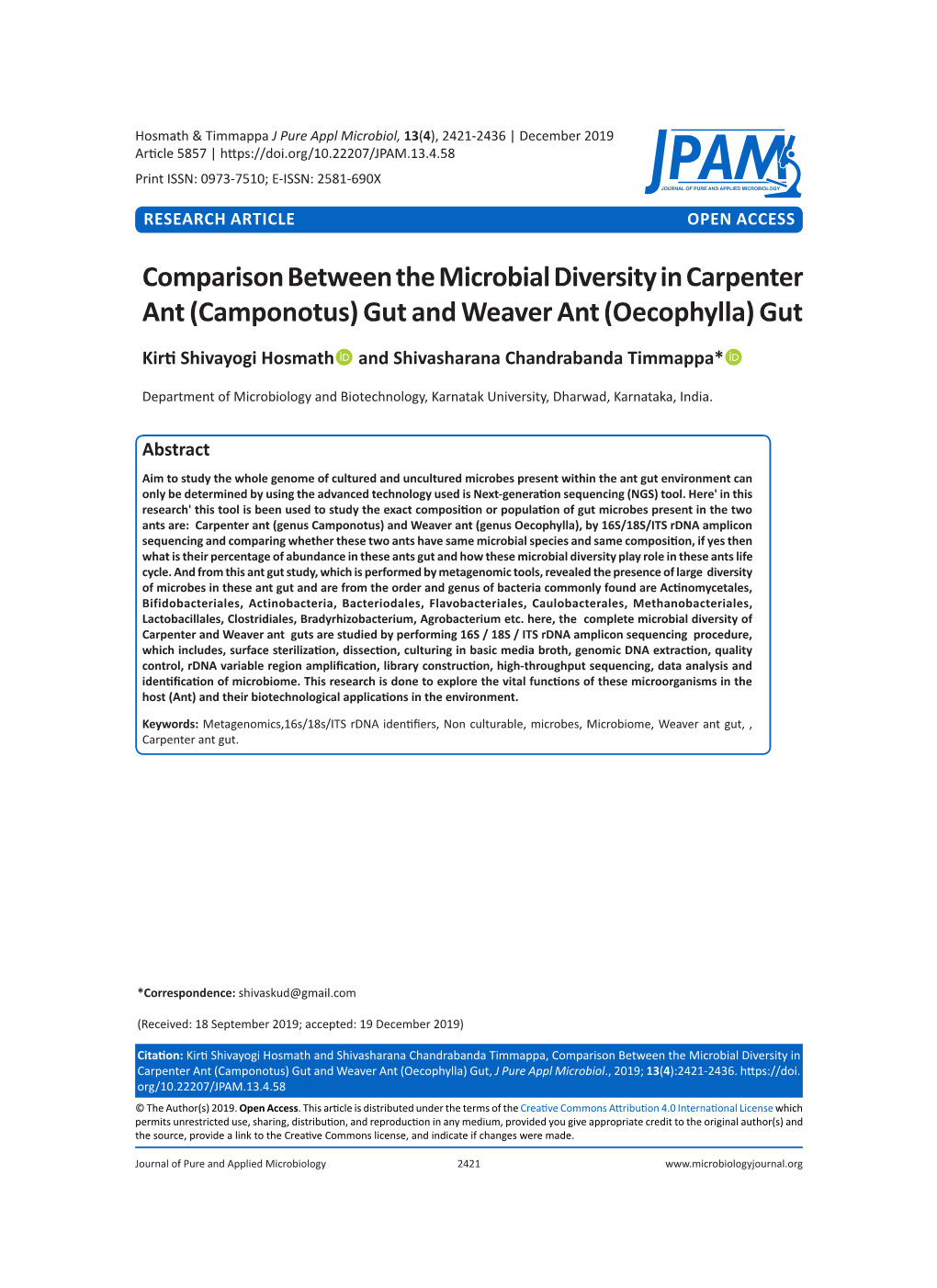 Comparison Between the Microbial Diversity in Carpenter Ant (Camponotus) Gut and Weaver Ant (Oecophylla) Gut