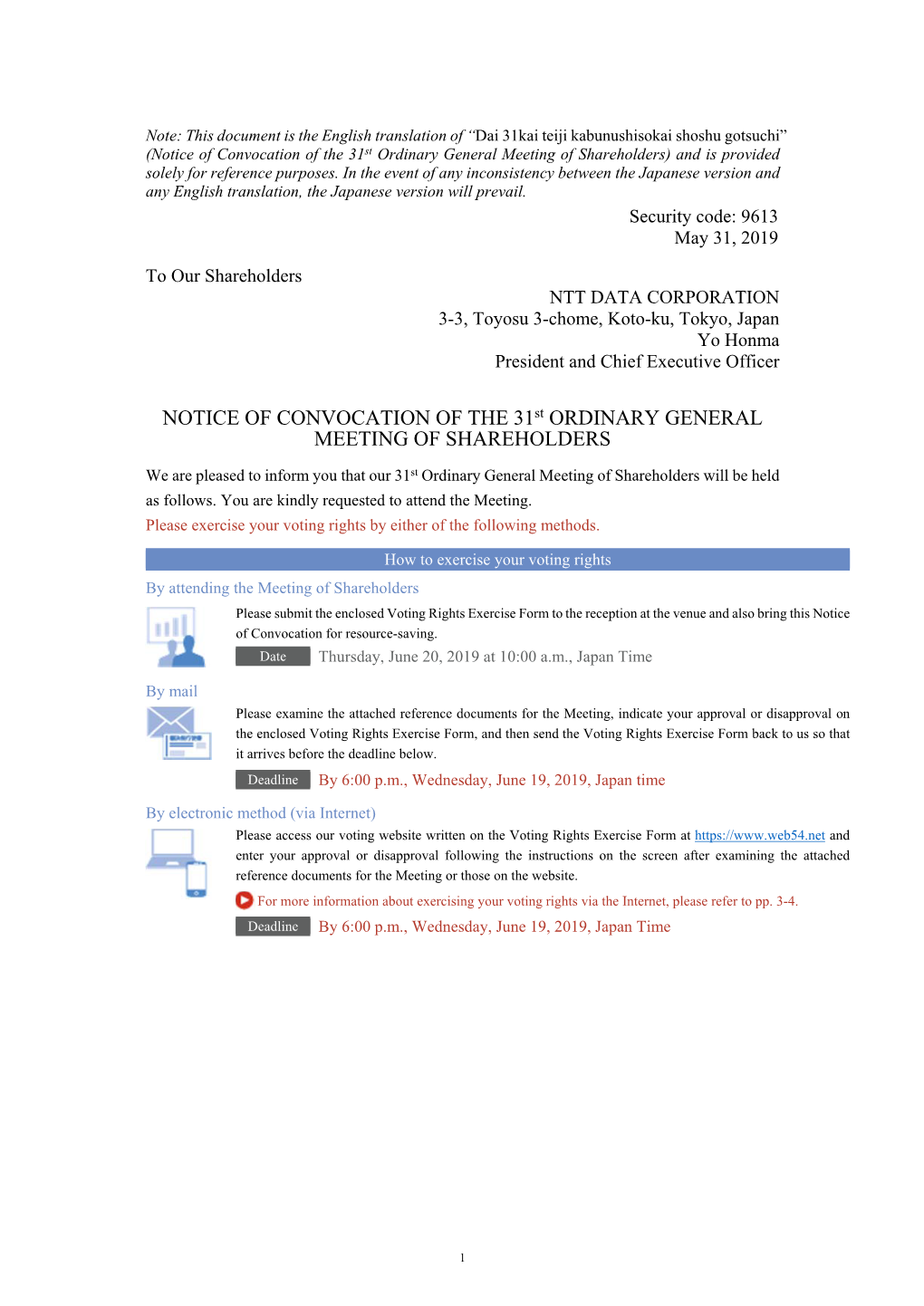 Notice of Convocation of the 31St Ordinary General Meeting of Shareholders) and Is Provided Solely for Reference Purposes