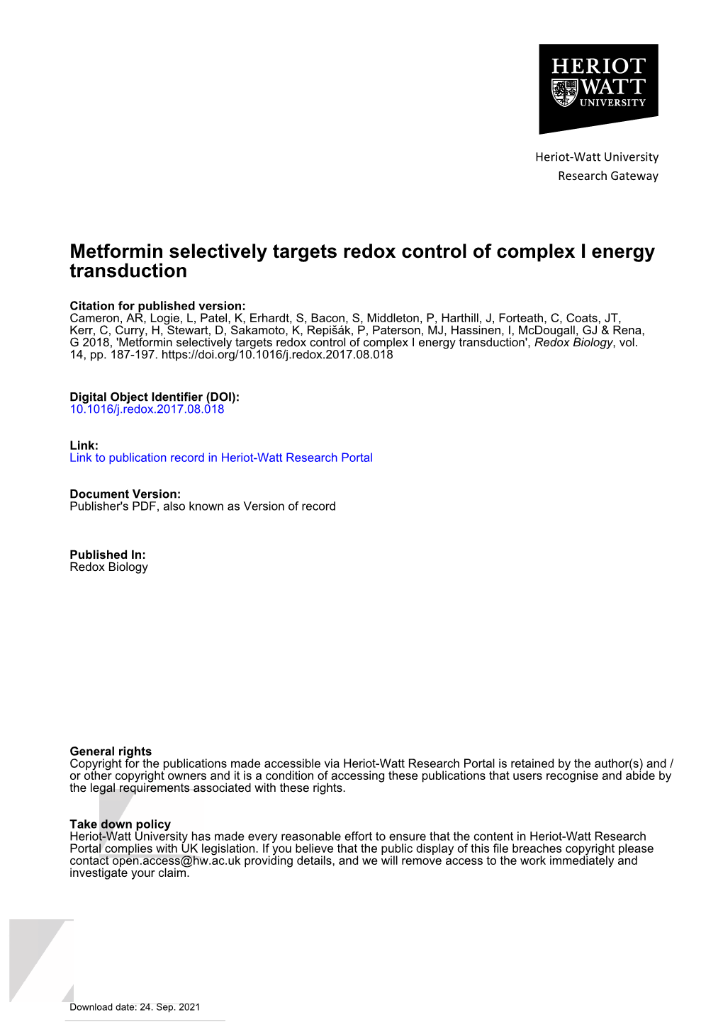 Metformin Selectively Targets Redox Control of Complex I Energy Transduction