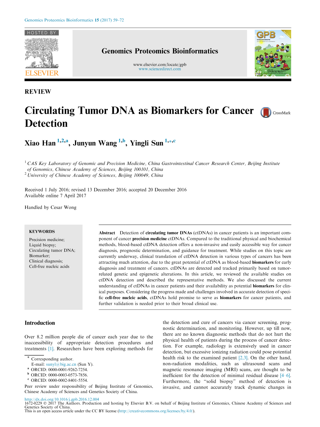 Circulating Tumor DNA As Biomarkers for Cancer Detection