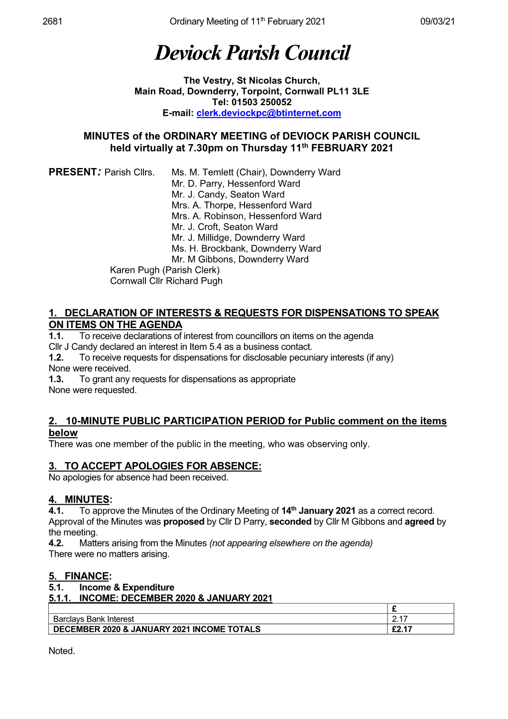 Minutes of Parish Council Meeting 11Th February 2021